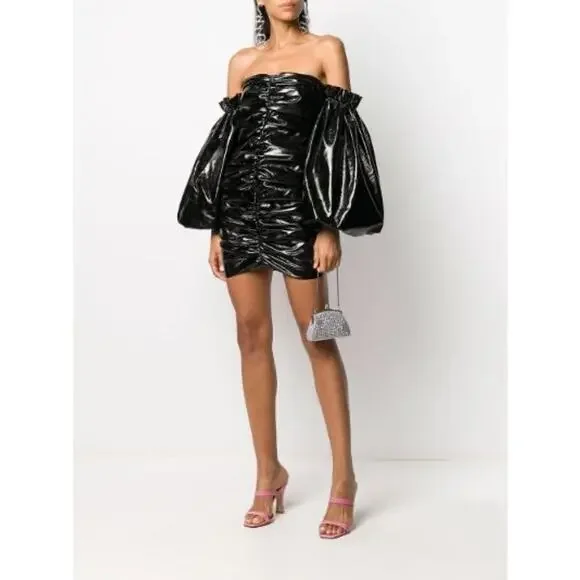 ROTATE BIRGER CHRISTENSEN Black Phoebe Vinyl Off Shoulder Mini Dress - Picture 1 of 10